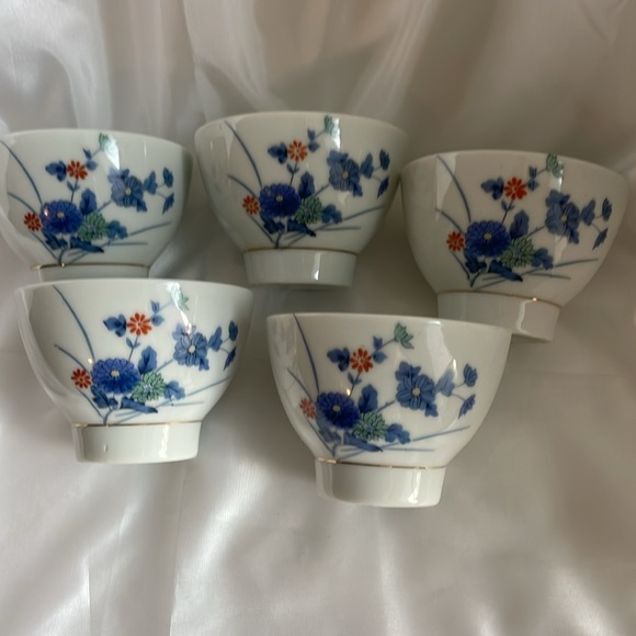 Otagiri Japan Sake Tea Cup Blue Chrysanthemum Flowers Set Of 5 - Picture 2 of 10